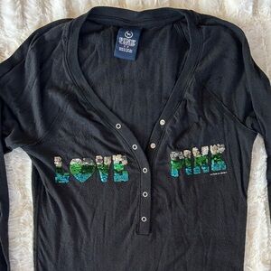 Y2K Vintage VS Pink Henley Sequin Bling Bedazzled